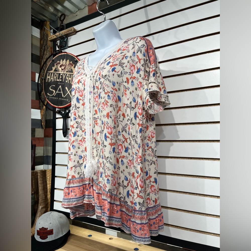 Boho Floral Tassel Tie Cream Blouse with Coral Trim - Picture 3 of 9